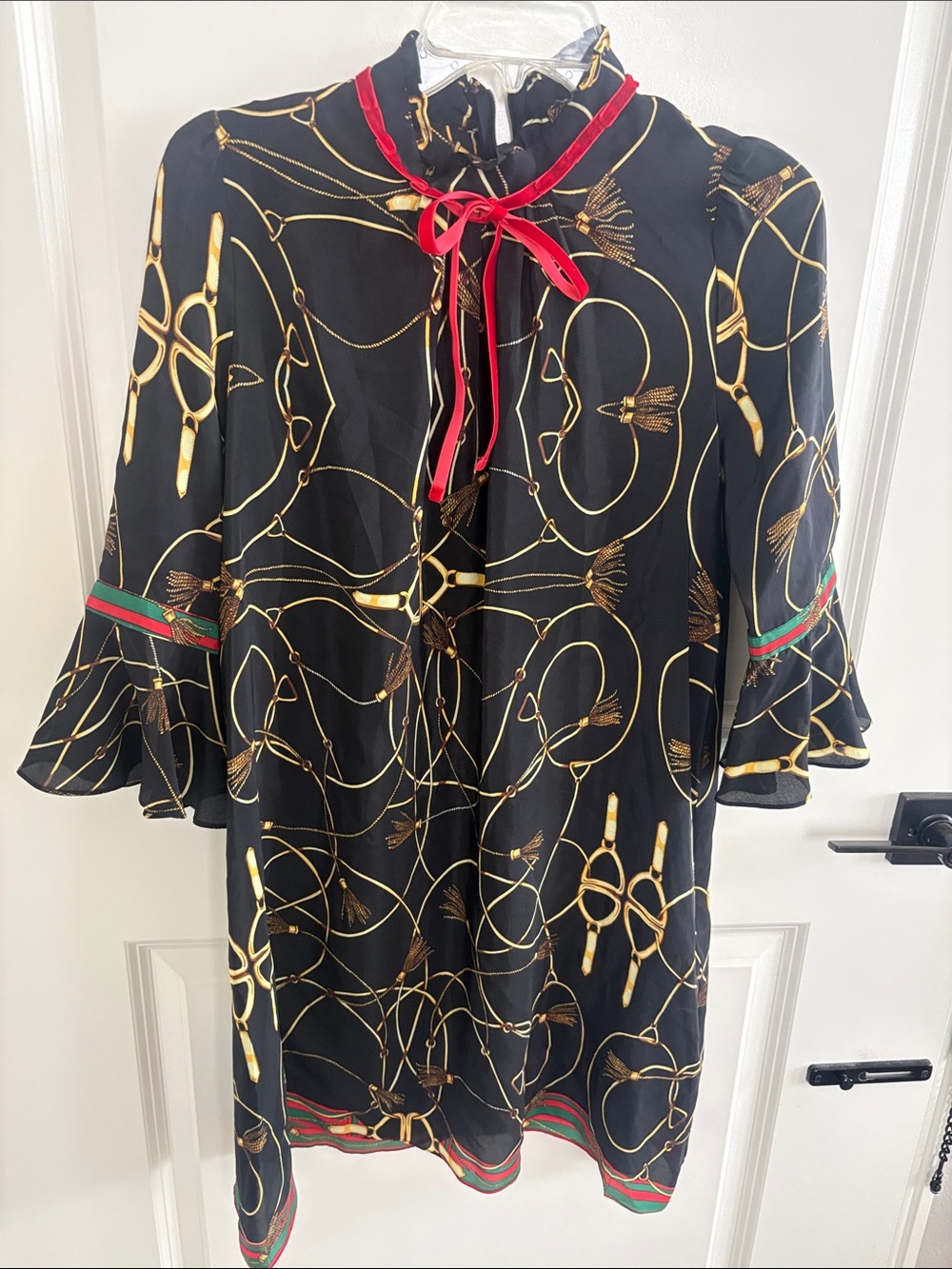 Black & Gold Chain-Print Tie-Neck Dress, brand new, all silk